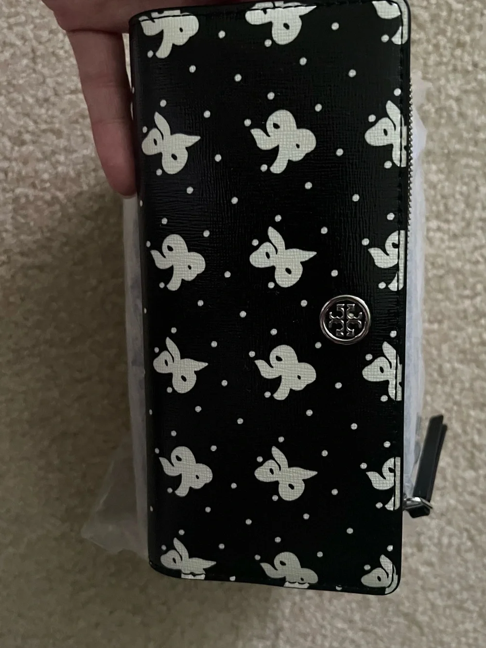 Tory Burch Black Zip Wallet with White Butterfly Print